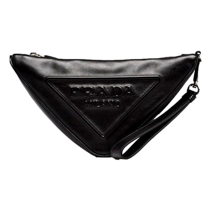 Grace Triangle Leather Pouch Clutch Bag with Embossed Logo Nero Black