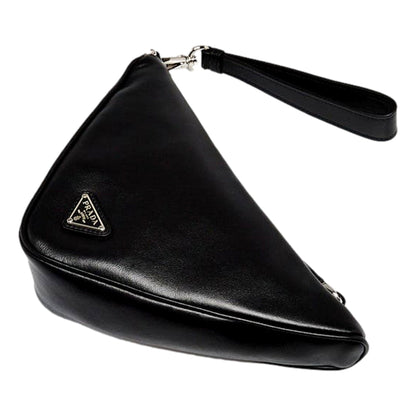 Grace Triangle Leather Pouch Clutch Bag with Embossed Logo Nero Black