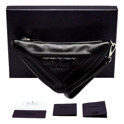 Grace Triangle Leather Pouch Clutch Bag with Embossed Logo Nero Black