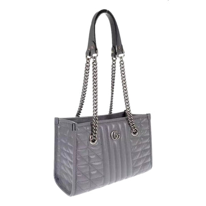 GG Marmont Silver Medium Chain Shoulder Tote Bag Gray Leather