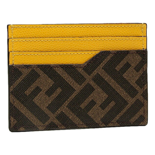 Roma Calfskin Leather Zucca Yellow Brown Card Case Wallet