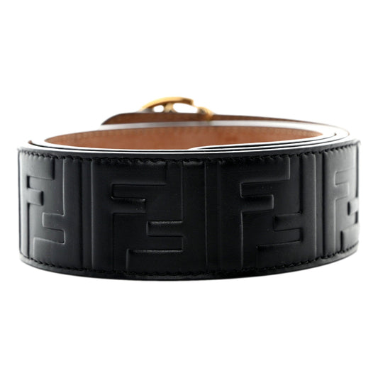 F is FF Calfskin Leather Black Embossed Belt Size 80/32