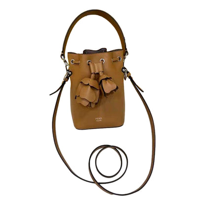 Calfskin F is 3D Flower Mini Mon Tresor Bucket Bag Brown Tan