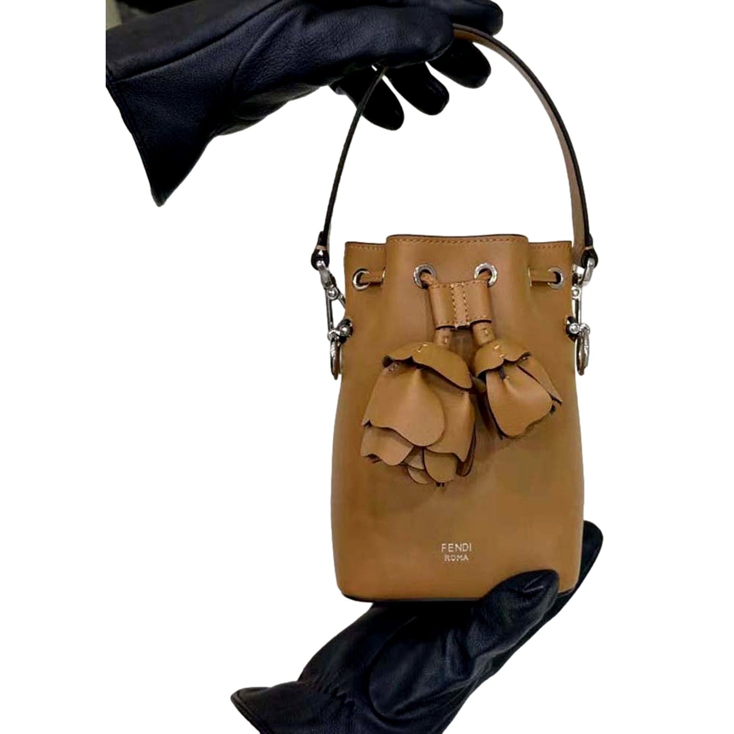 Calfskin F is 3D Flower Mini Mon Tresor Bucket Bag Brown Tan