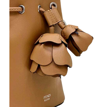 Calfskin F is 3D Flower Mini Mon Tresor Bucket Bag Brown Tan