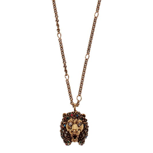 Distressed Gold Multi Color Crystal Lion Head Pendant Necklace