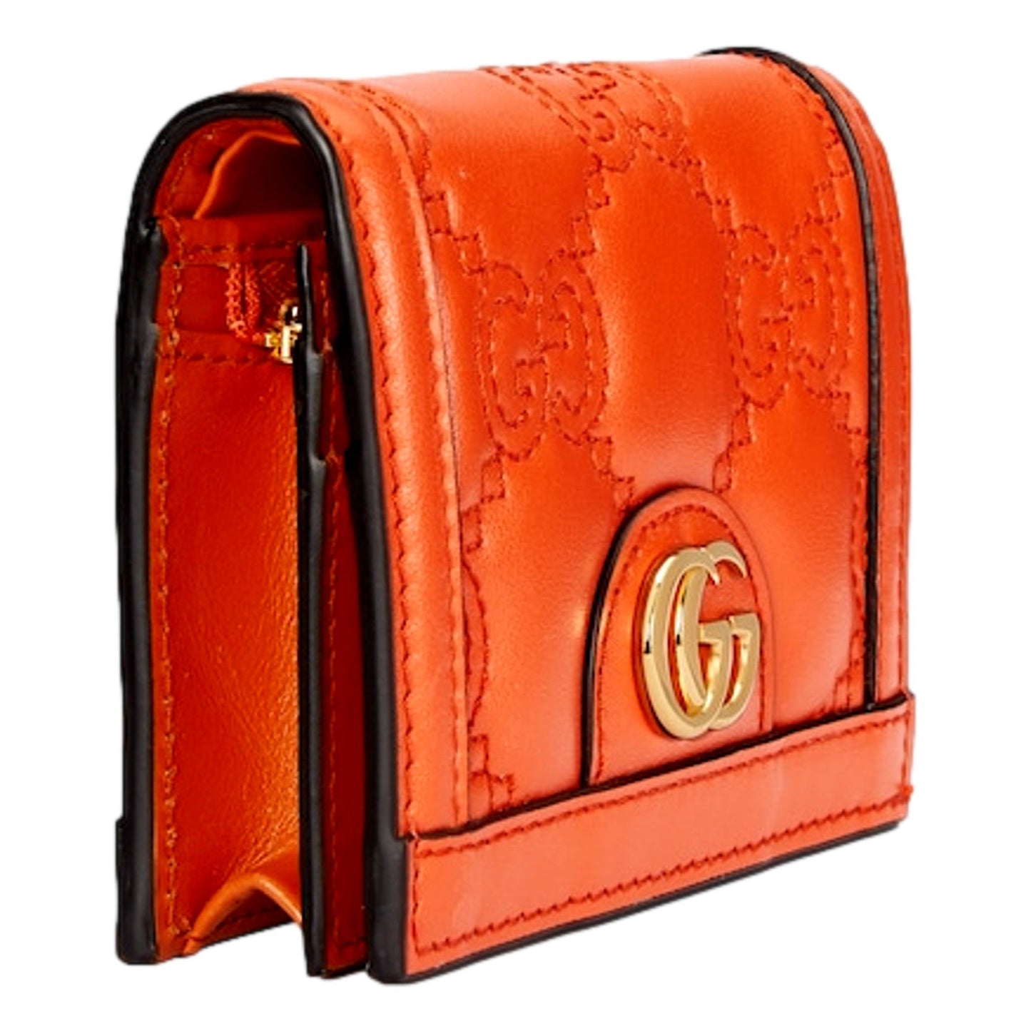 GG Quilted Matelassé Leather Card Case Wallet In Orange