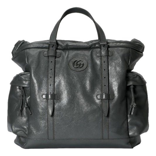 Gray Leather Drawstring Tote Bag With Tonal Double G Logo