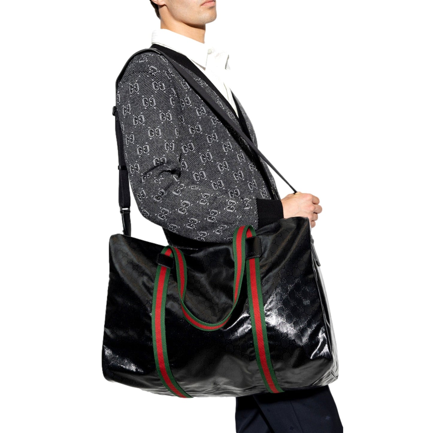 GG Black Glossy ‘Duffle Maxi’ Calfskin Leather Trim Duffel Bag