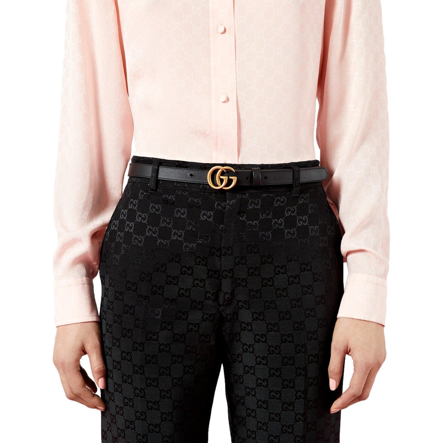 Gold GG Marmont Thin Black Leather Belt