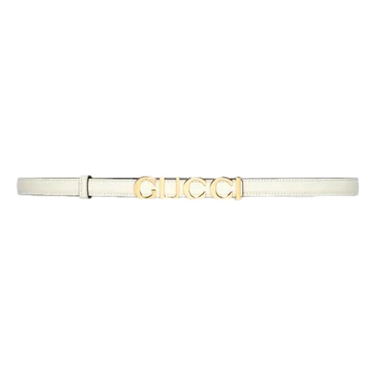 Cream Thin Leather Belt with Metal Gold Logo Lettering Size 80