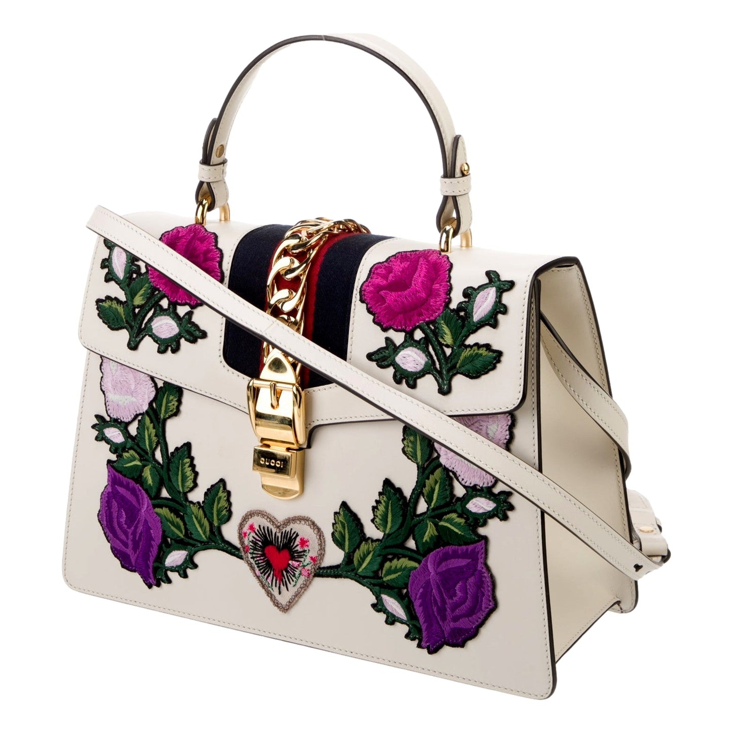 Sylvie Embroidered Off White Medium Top Handle Bag