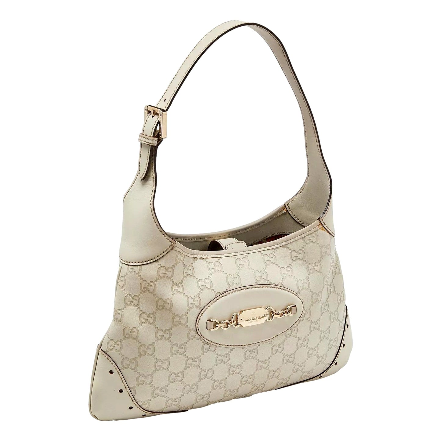 Guccissima Punch Hobo Handbag Logo White Leather Pre-Owned