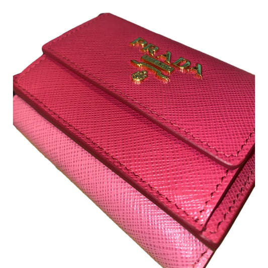 Tri-Fold Saffiano Wallet Womens Pink Multicolor Gold Logo