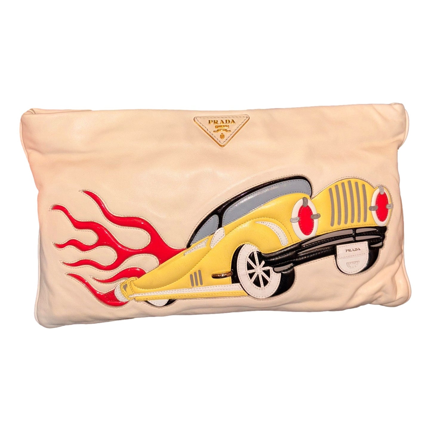 Hot Rod Culture' Car Applique White Leather Handbag Clutch