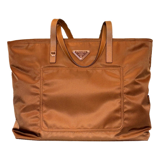 Nylon and Leather Medium Shopper Tote Bag Tobacco Brown