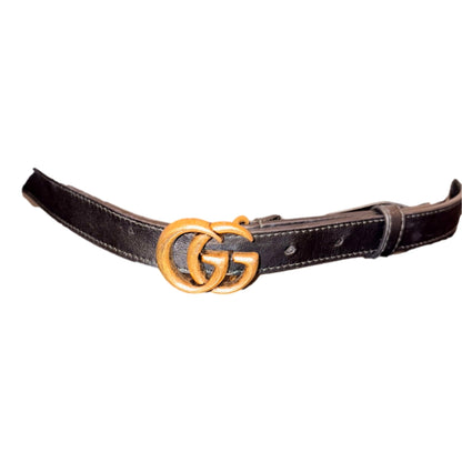 Gold GG Marmont Thin Black Leather Belt