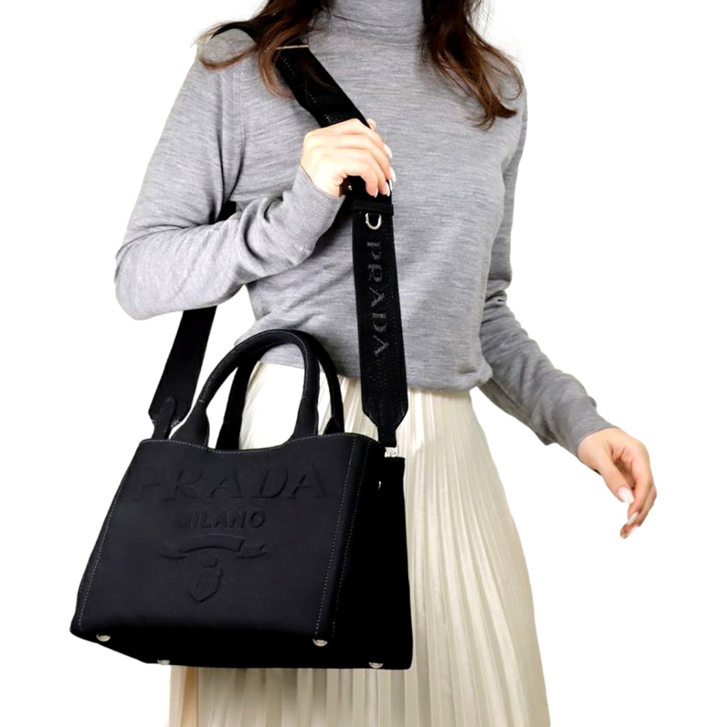 Canapa Tote Handbag Canvas Embossed Lettering Logo Fabric Black