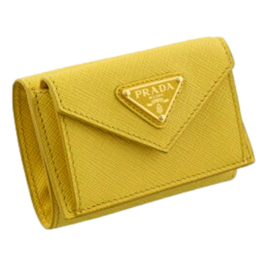 Womens Tri-Fold Saffiano Leather Wallet Sole Yellow Triangle Logo