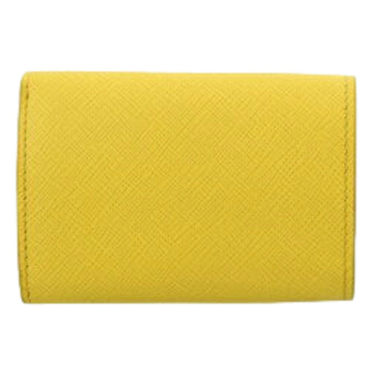 Womens Tri-Fold Saffiano Leather Wallet Sole Yellow Triangle Logo