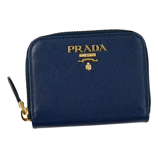 Womens Zippy Coin Purse Wallet Saffiano Leather Bluette Blue Gold Logo