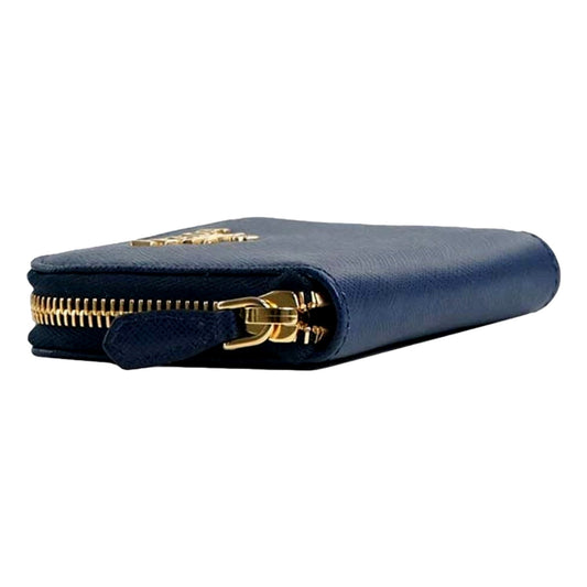 Womens Zippy Coin Purse Wallet Saffiano Leather Bluette Blue Gold Logo