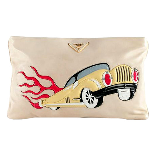 Hot Rod Culture' Car Applique White Leather Handbag Clutch