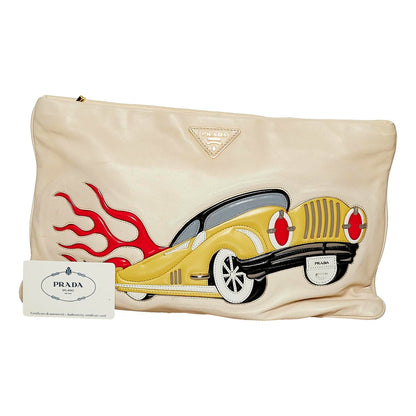 Hot Rod Culture' Car Applique White Leather Handbag Clutch