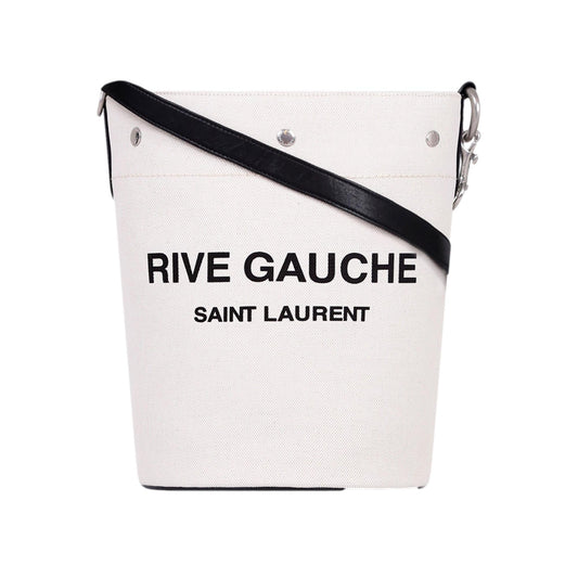 Rive Gauche Black Leather Trim Linen Bucket Bag