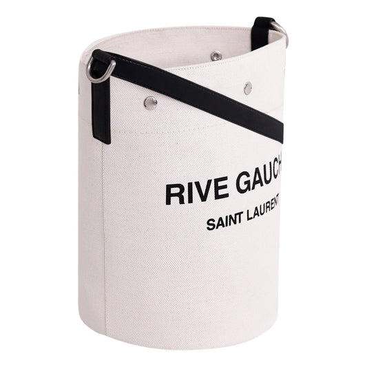 Rive Gauche Black Leather Trim Linen Bucket Bag