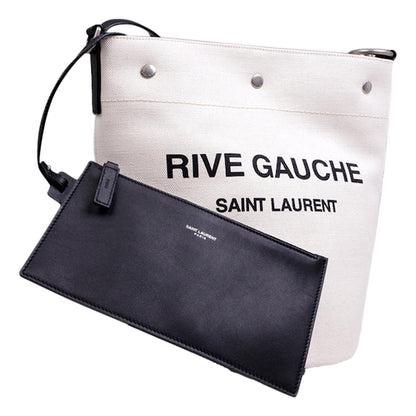 Rive Gauche Black Leather Trim Linen Bucket Bag