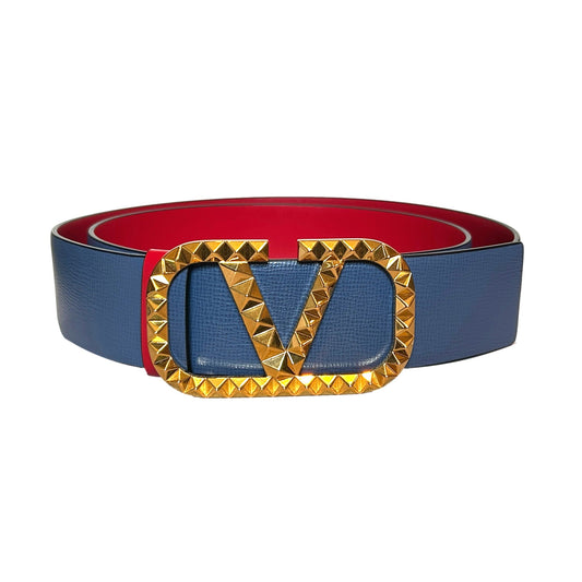 VLogo Stud Reversible Belt Size 95 Gray Red Leather