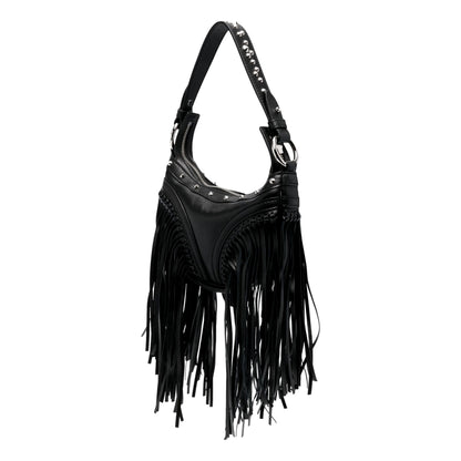 Repeat Fringe La Medusa Mini Hobo Shoulder Bag Black Leather