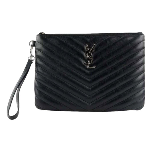 YSL Black Calfskin Matelasse Chevron Monogram A5 Wristlet Clutch