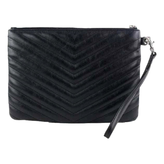 YSL Black Calfskin Matelasse Chevron Monogram A5 Wristlet Clutch