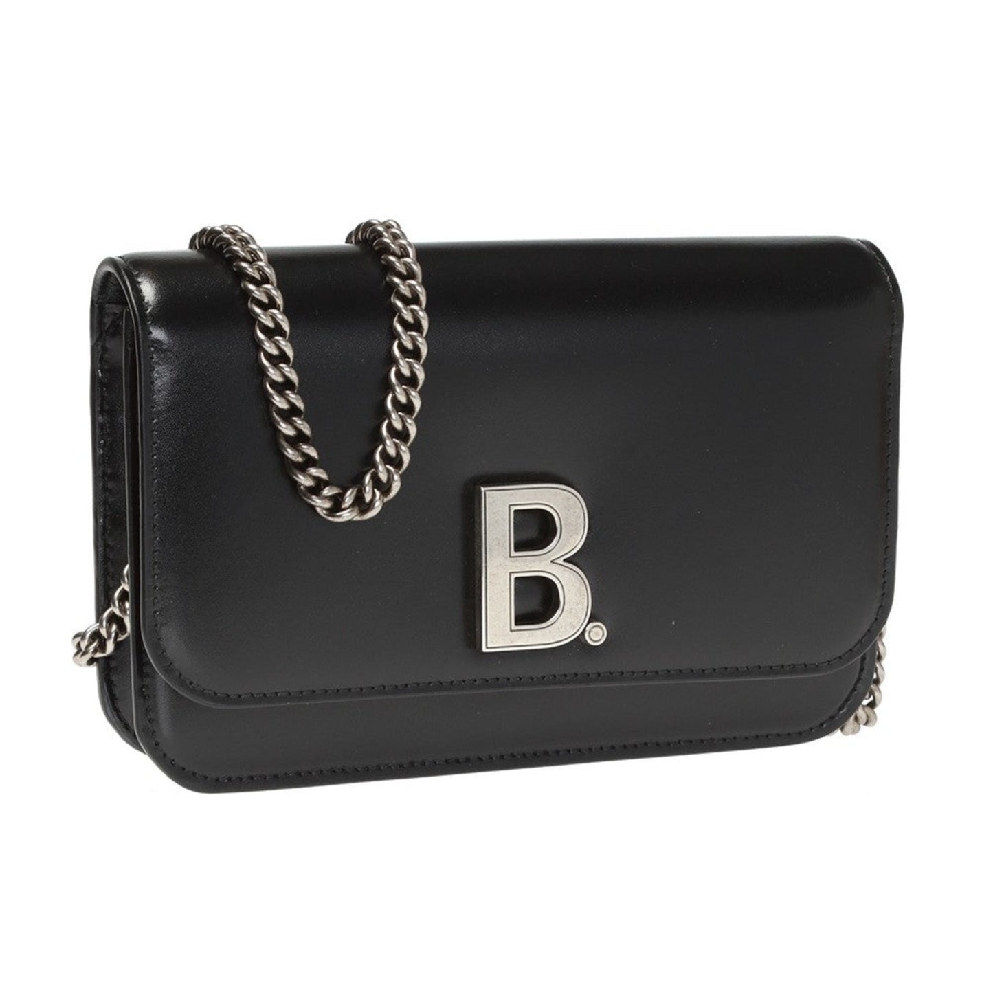 Black Calfskin Leather Silver Logo Chain Wallet Bag