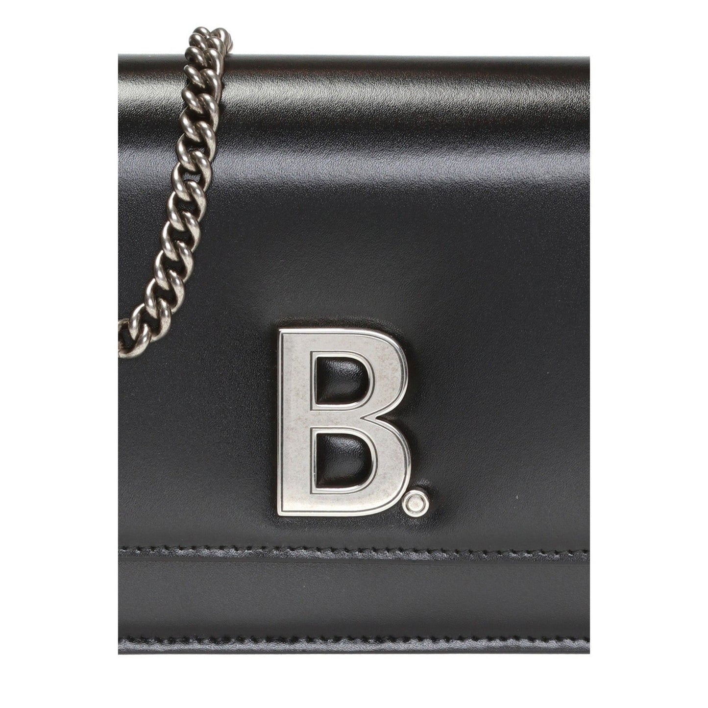 Black Calfskin Leather Silver Logo Chain Wallet Bag