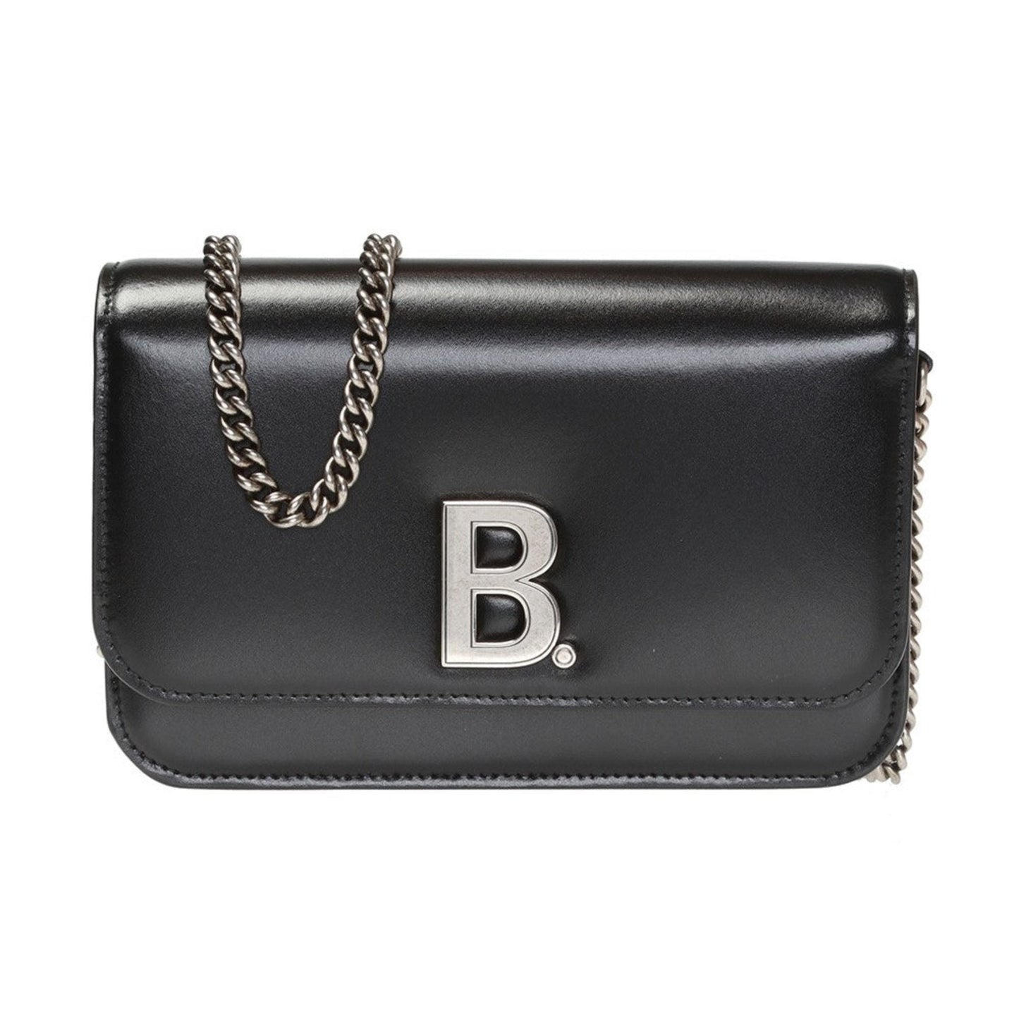 Black Calfskin Leather Silver Logo Chain Wallet Bag