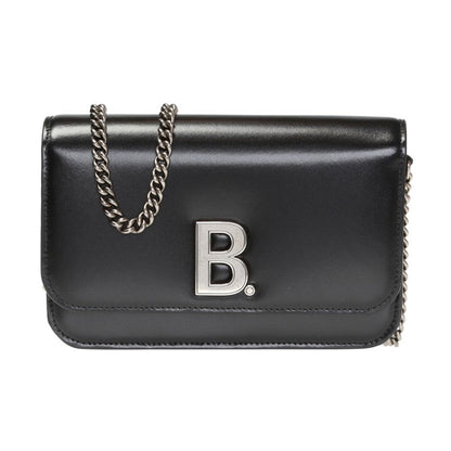 Black Calfskin Leather Silver Logo Chain Wallet Bag