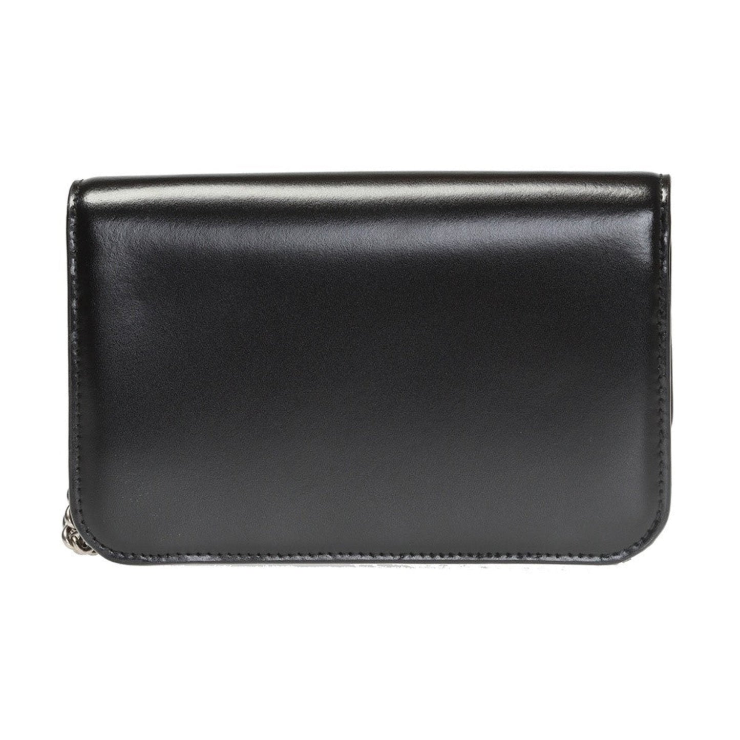 Black Calfskin Leather Silver Logo Chain Wallet Bag