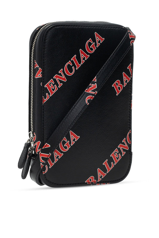 Black Calfskin Leather Sport Print Phone Holder Bag