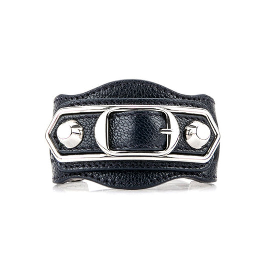 Black Shiny Calfskin Leather Studs Buckle Bracelet