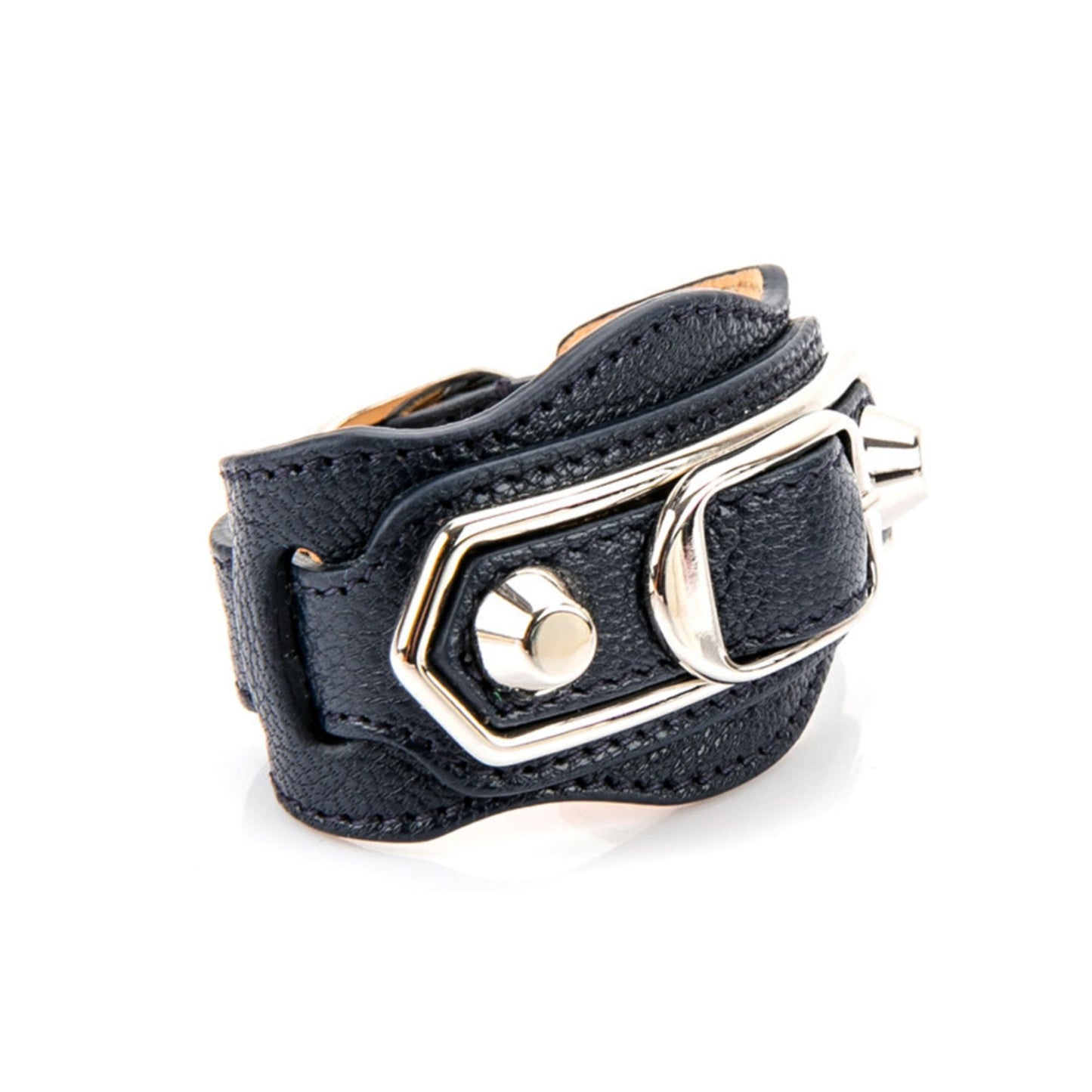 Black Shiny Calfskin Leather Studs Buckle Bracelet