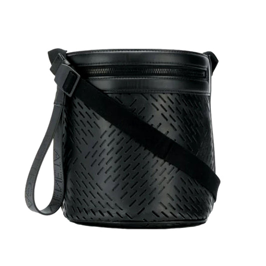 Perforated Black Leather Drawstring Bucket Crossbody Bag