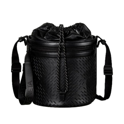 Perforated Black Leather Drawstring Bucket Crossbody Bag