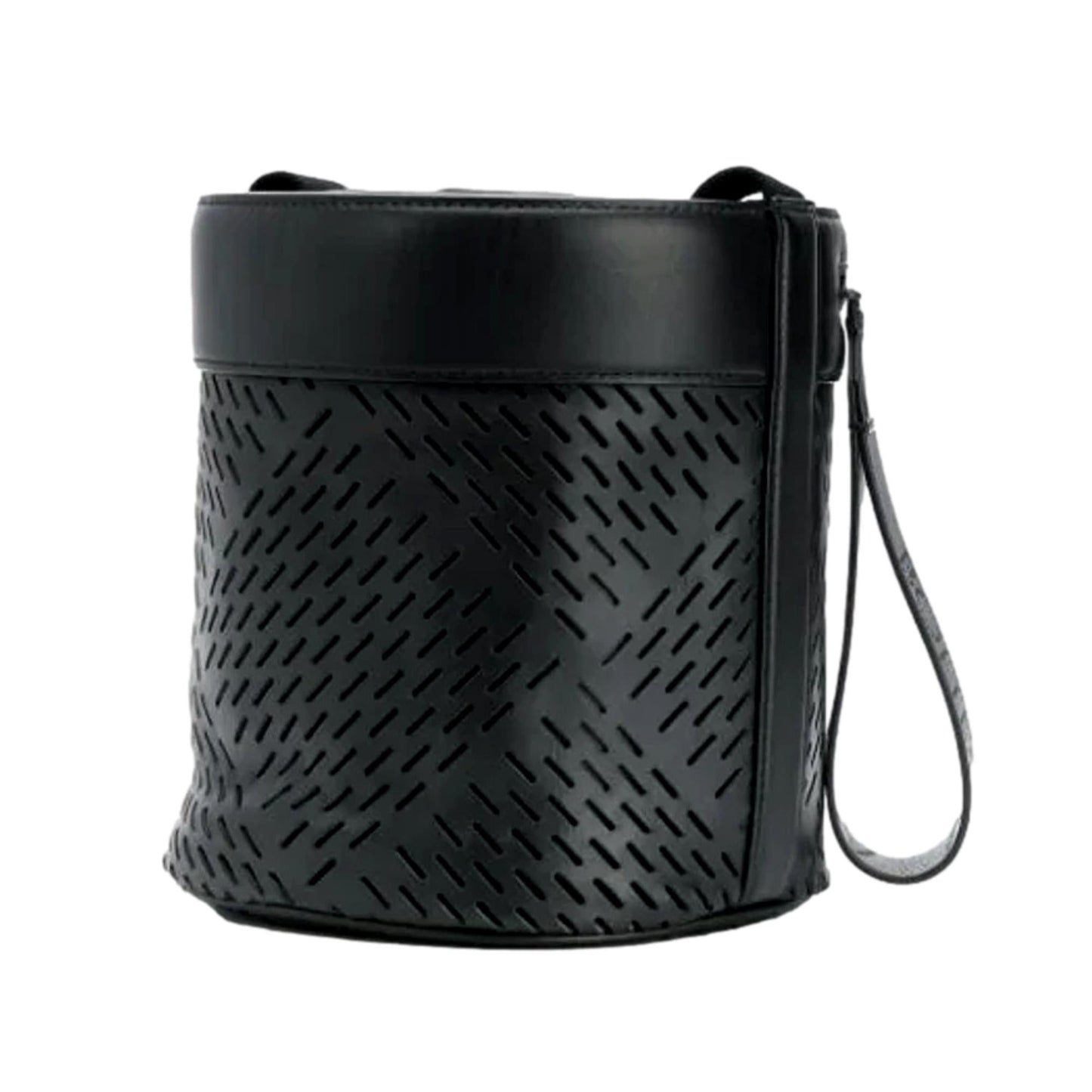 Perforated Black Leather Drawstring Bucket Crossbody Bag