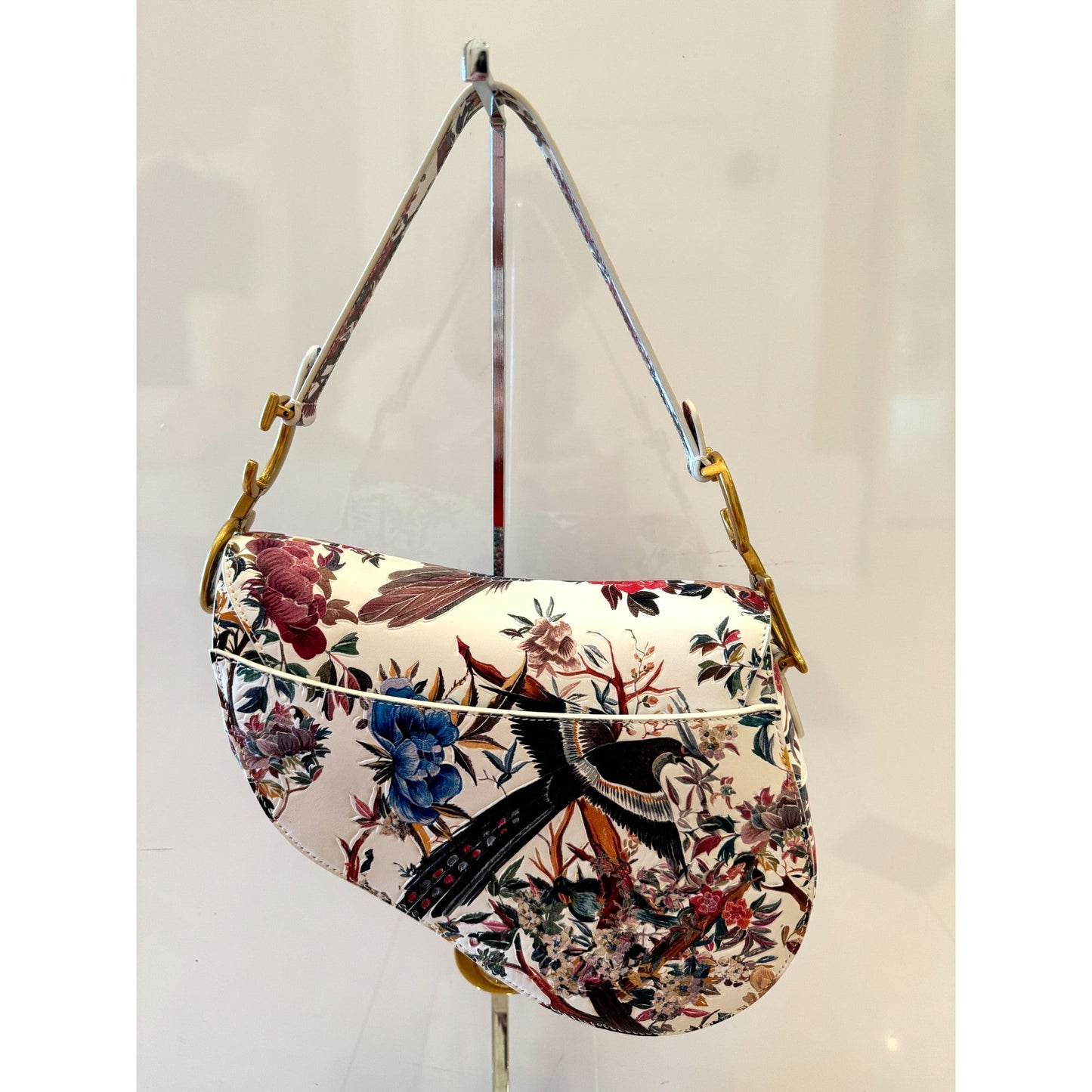 Rare Floral and Bird Print Leather Saddle Bag Gold Detailing