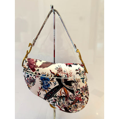 Rare Floral and Bird Print Leather Saddle Bag Gold Detailing