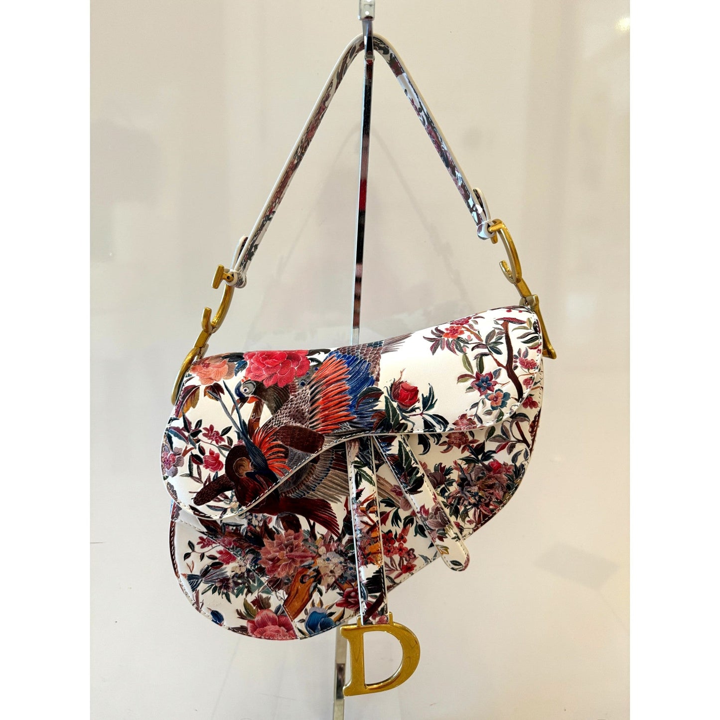 Rare Floral and Bird Print Leather Saddle Bag Gold Detailing