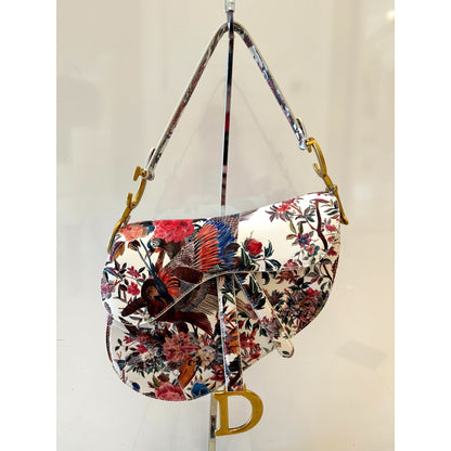 Rare Floral and Bird Print Leather Saddle Bag Gold Detailing